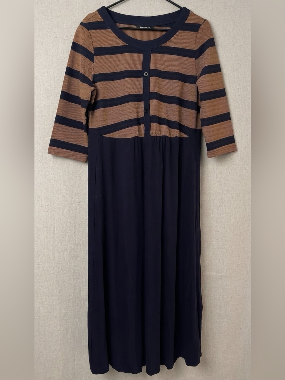 BloomChic Navy & Caramel Striped Colorblock Midi Dress with Side Pockets